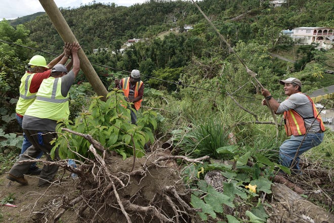 In this Jan. 31, 2018 photo, Public Works Sub-Director Ramon Mendez, wearing a hard hat at left, works with locals who are municipal workers, from right, Eliezer Nazario, Tomas Martinez and Angel Diaz as they install a new post to return electricity to Felipe Rodriguez's home, four months after Hurricane Maria hit the El Ortiz sector of Coamo, Puerto Rico. [AP Photo/Carlos Giusti,File]