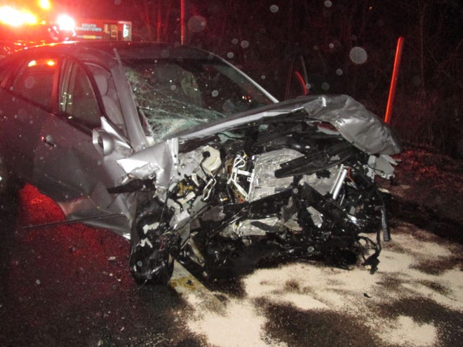 Michael Tobin's vehicle after a head-on collision on South County Trail in South Kingstown on Friday night. [South Kingstown Police Department]