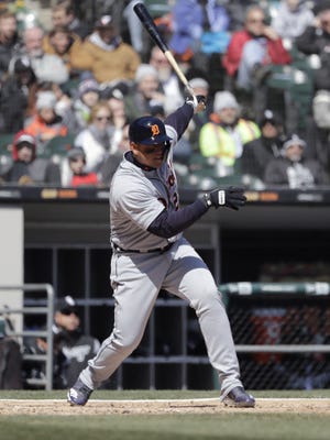 Detroit Tigers' Miguel Cabrera watches after hitting a two-run single against the Chicago White Sox during the third inning of the game Saturday, April 7, 2018, in Chicago. [NAM Y. HUH/THE ASSOCIATED PRESS]