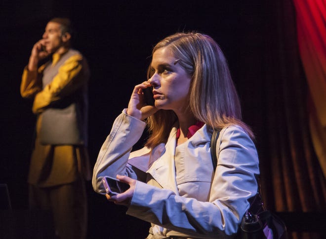 Rachel Moulton, with J. Paul Nicholas, plays a New York Times reporter investigating an honor killing in Pakistan in the world premiere of "Honor Killing" at Florida Studio Theatre. [FST photo / Matthew Holler]