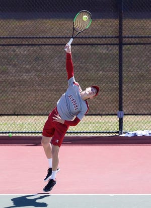 Freshman Patrick Kaukovalta, pictured, kept the Tide in the match with a 6-4, 7-5 victory over Scott Jones on Sunday.
