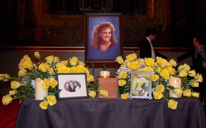A memorial set up Monday for Karen Tinsley at the University of Georgia Chapel. [Photo by Lee Shearer/Staff]