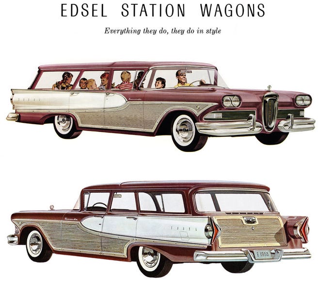 One of the few Edsel vehicles that have become favorites with serious collectors is the Edsel Villager or Bermuda station wagon. In restored condition, they bring big dollars. [Ford Motor Company]