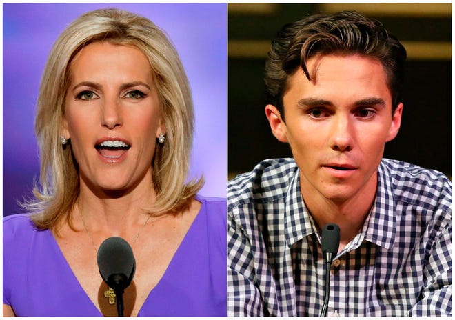 In this combination photo, Fox News personality Laura Ingraham speaks at the Republican National Convention in Cleveland on July 20, 2016, left, and David Hogg, a student survivor from Marjory Stoneman Douglas High School in Parkland, Fla., speaks at a rally for common sense gun legislation in Livingston, N.J. on Feb. 25, 2018. Ingraham is expected back at work on Monday, April 9, 2018 following a backlash by advertisers upset over her tweet mocking a the Parkland, Florida, school shooting survivor.