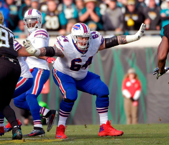 Buffalo Bills offensive guard Richie Incognito (64) sets up to block against the Jacksonville Jaguars defensive during the second half of an NFL wild-card playoff football game, in Jacksonville, Fla., on Jan. 7, 2018. Bills offensive lineman Richie Incognito texts The Associated Press he's "done," amid reports he is considering retirement after 11 NFL seasons. Incognito followed up the text on Tuesday, April 10, 2018, with a laughing-face emoji and did not respond to further questions seeking clarification. (AP Photo/Phelan M. Ebenhack, File)