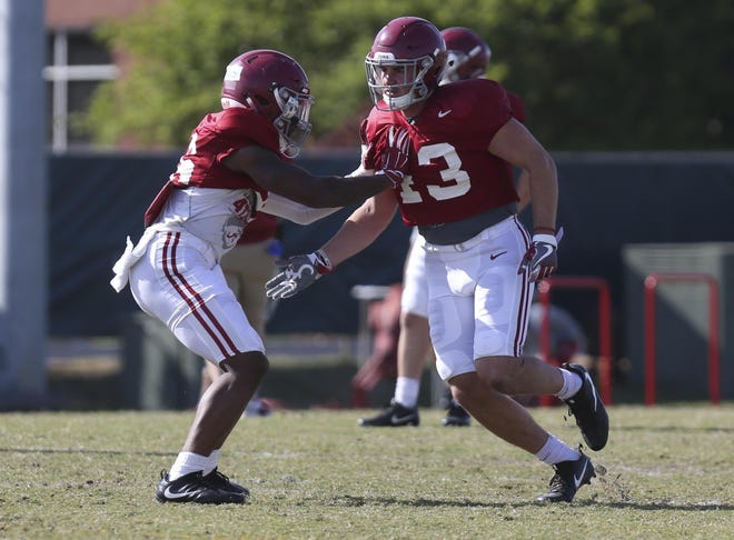 Alabama defensive back Kyriq McDonald (26) and Alabama defensive back Parker Bearden (43) run drills during spring practice at the Thomas-Drew Practice Fields in Tuscaloosa on Monday, April 9, 2018. [Staff Photo/Erin Nelson]