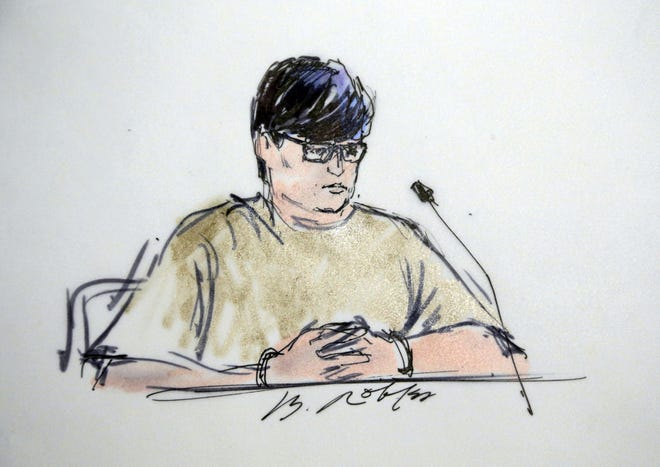 In this 2015 courtroom sketch, Enrique Marquez appears in federal court in Riverside. Marquez, having pleaded guilty to conspiring to provide material support to terrorists by providing weapons to San Bernardino shooting gunman Syed Rizwan Farook, faces sentencing April 30. The prosecution is asking for 25 years. The defense has asked for a postponement to the end of July. [Bill Robles, Associated Press]