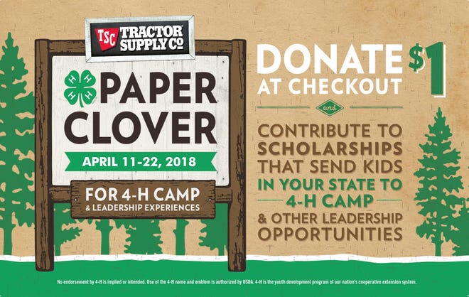 Proceeds from the 4-H Paper Clover Campaign at Tractor Supply Company stores from April 11-22 will help send young people to 4-H camp. [CONTRIBUTED]