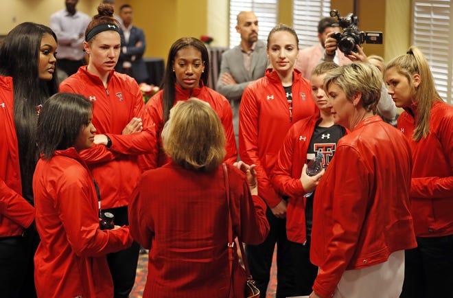 Marlene Stollings, right, meets with the athletes after being announced as the new Texas Tech women's basketball coach, Wednesday, April 11, 2018, at United Supermarkets Arena in Lubbock, Texas. [Brad Tollefson/A-J Media]