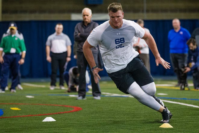 Notre Dame offensive tackle Mike McGlinchey, running a drill at the NFL combine in March, is expected to go early in the NFL Draft.