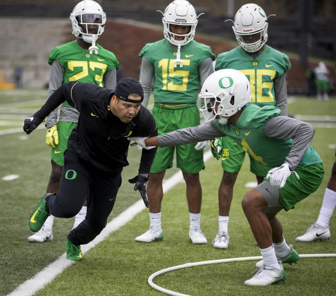 Cornerbacks coach Donte Williams joined Mario Cristobal's staff after spending last season as an assistant for Mike Riley at Nebraska. Ã?(Williams) still looks like he could kind of play the position, so he jumps out there. HeÃ?ll be able to demonstrate when the time comes, and weÃ?re looking forward to that. He has tremendous ties in recruiting all over the country," said Cristobal. (Andy Nelson/The Register-Guard)