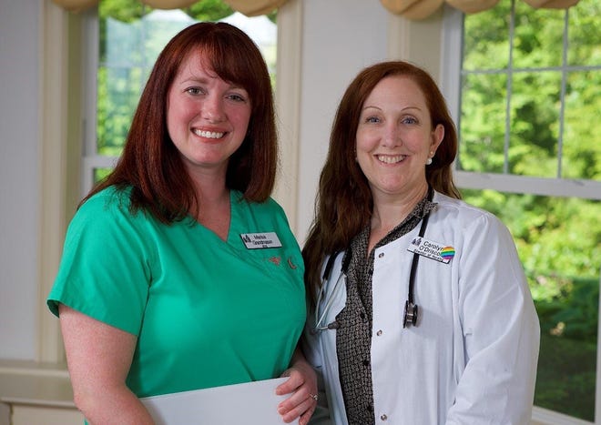 Marisa Grandmason, RN, left, and Carolyn O’Driscoll, director of nursing at RiverWoods Exeter, which recently partnered with Great Bay Community College to sponsor scholarship opportunities for first-year nursing students. [Courtesy photo]