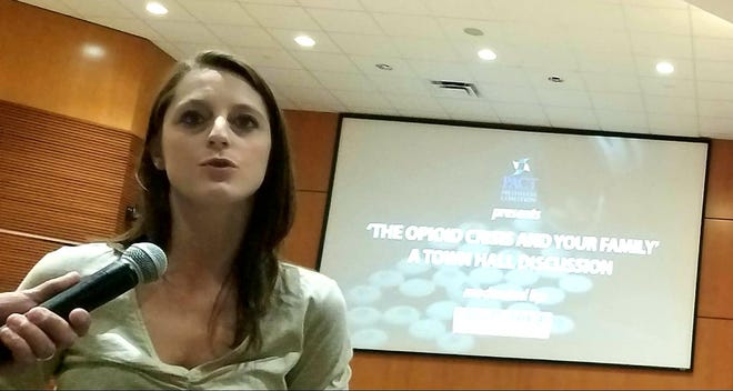 Anna, 26, spoke about her journey to recover from opioid addiction during a town hall meeting in St. Johns County on Wednesday night. [COLLEEN MICHELE JONES/THE RECORD]