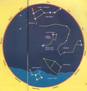 This sky map shows the northern night sky as seen on April evenings.

[http://pachamamatrust.org]