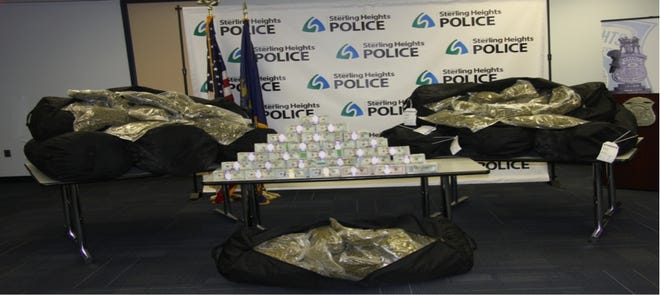 Geary County Sheriff Tony Wolf says a drug interdiction team discovered the drug haul involving 350 pounds of marijuana during a traffic stop near Junction City on April 5. [Sterling Heights Police]