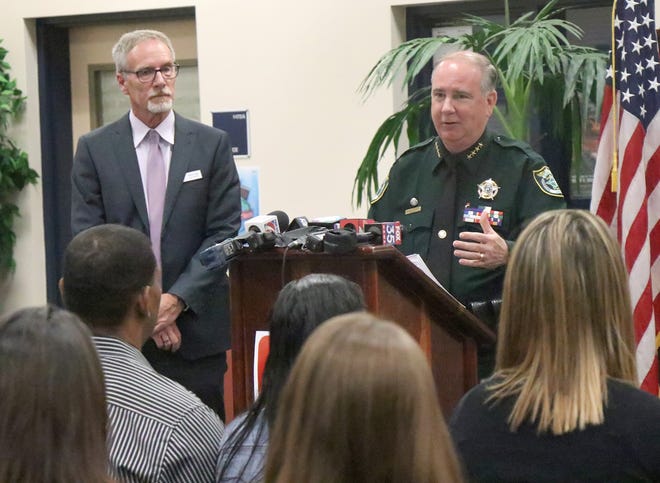 At a March 8 news conference in Flagler County to discuss school security in the aftermath of the shootings at Marjory Stoneman Douglas High School in Parkland, held jointly with Sheriff Rick Staly, school Superintendent James Tager, left, firmly rejected arming teachers but listed other goals, such as doubling the number of school resource officers and increasing the number of school psychologists. [News-Journal file/David Tucker]