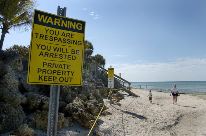 In 2009, a Siesta Key homeowner erected "No Trespassing" signs on the stretch of beach behind her home, which provided the only access to Point of Rocks for beachgoers on the key. A new Florida law gives property owners more standing in such beach disputes. 

[HERALD-TRIBUNE ARCHIVE]