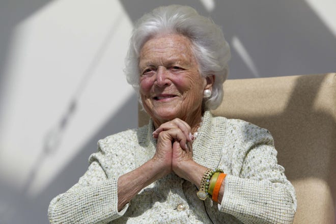 In a Aug. 2013, file photo, former first lady Barbara Bush listens to a patient's question during a visit to the Barbara Bush Children's Hospital at Maine Medical Center in Portland, Maine. A family spokesman said Sunday that the former first lady Barbara Bush is in "failing health" and won't seek additional medical treatment. (AP Photo/Robert F. Bukaty, File)