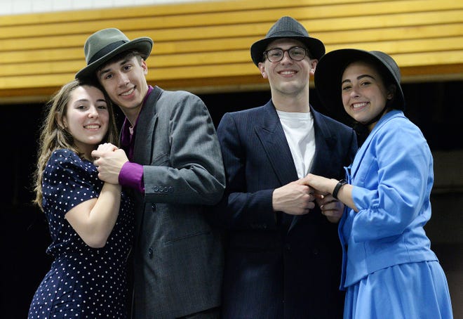 Marisa Metropoulos, Alexei Fleck, Michael Cindrich and Francesca Battalini, from left, will be performing in Quigley Catholic High School's production of "Guys and Dolls." Performances are at 7:30 p.m. April 19, 20 and 21, and 2 p.m. April 21 in the high school auditorium. Tickets cost $10 for adults, and $6 for students and seniors. VIP seating is available for $15. Tickets are available by calling 724-869-2188 or emailing musical@qchs.org. [Sally Maxson/BCT staff]