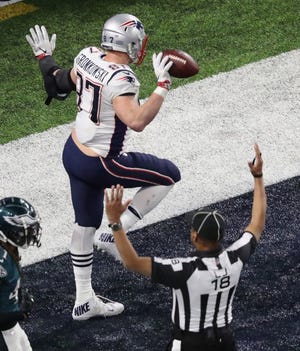 Rob Gronkowski, celebrating a TD in the Super Bowl, did not attend the Patriots' workout in Foxboro on Monday.