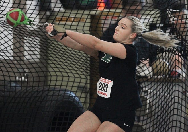 Ponaganset's Gianna Rao competes in the weight throw at the state meet in February. Rao won the event with a throw of 58-5 1/4.