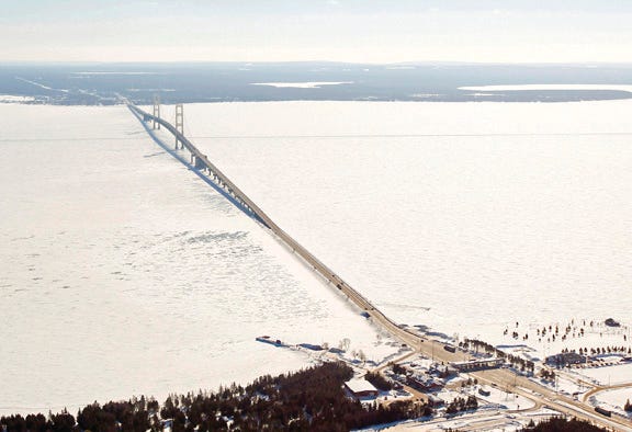 This 2014 aerial file photo shows a view of the Mackinac Bridge.