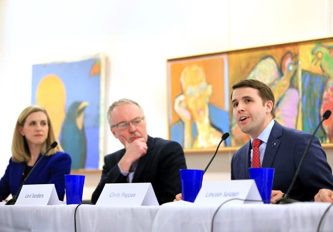 Democratic candidates for New Hampshire's 1st Congressional District from left, Maura Sullivan, Levi Sanders and Chris Pappas, answer questions during a forum hosted by the Portsmouth Democratic Executive Committee at the Portsmouth Public Library on Wednesday.
[Ioanna Raptis/Seacoastonline]
