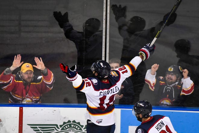RON JOHNSON/JOURNAL STAR Mike Gurtler of the Rivermen celebrates a goal during an SPHL playoff game with Knoxville at Carver Arena on Wednesday.