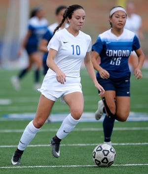 Choctaw's Rebekah George scored her 27th goal of the season in a win against Edmond North. [Photo by Sarah Phipps, The Oklahoman]