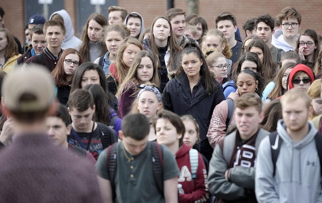 Students from Beaver Area High School participated in a walkout in March, but will not have an organized walkout Friday. Blackhawk and the Moon Area school districts have planned organized walkouts and programs about school safety. [Sally Maxson/BCT staff file]