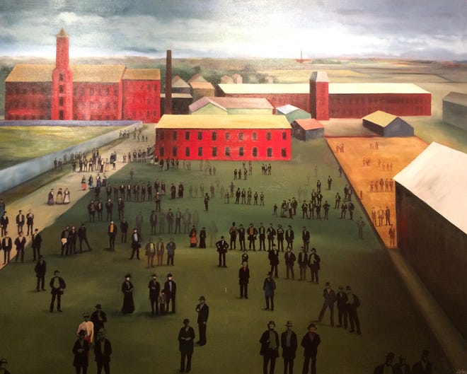 In the oil painting "Cutler Mill," dozens of black-clad spectral figures stand on a vast lawn of green that recedes into a deep landscape, which culminates at the gigantic redbrick complex that once dominated Warren.