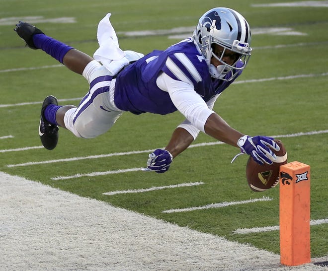 Kansas State junior Isaiah Zuber returns after leading the Wildcats with 51 receptions last year, including four for touchdowns, but K-State is looking for receivers to complement Zuber and fellow junior Dalton Schoen. [File photograph/The Associated Press]