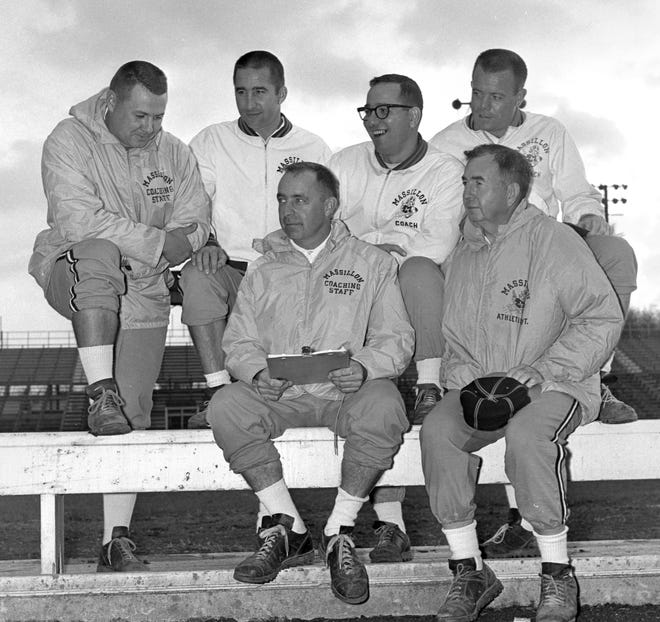 Earle Bruce (front left) with the 1965 Massillon Tigers coaching staff.
