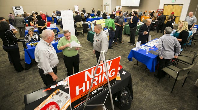 CareerSource Citrus Levy Marion released information Friday stating that the unemployment rate in the region was 4.6 percent in March, down 0.1 percentage point over the month and 0.6 percent lower than the same time last year. This image shows attendees at a career fair hosted by the agency. [File photo]