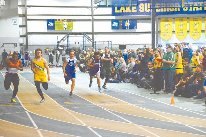 It was a close finish in the boys’ 200 at an EUPC indoor track and field meet Thursday at Lake Superior State. Brimley won both the boys and girls team scoring.