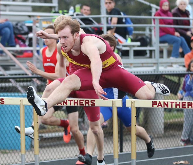 Mount Pleasant High School senior Jake Lowe will lead the Panthers in the shuttle hurdle relay and will be one of three Panthers competing in the 110 hurdles next weekend at the Drake Relays at Drake Stadium in Des Moines. [Dana Royer/Special to The Hawk Eye]