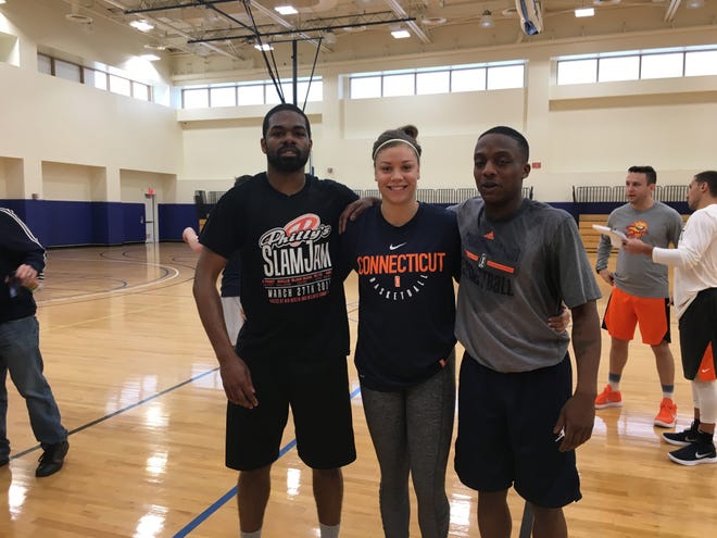 Former Norwich Free Academy standouts Wes Murphy (left) and Garvin McAlister (right) reacquainted themselves with Connecticut Sun guard Rachel Banham on Saturday during practice squad tryouts. [Photo Courtesy of Marc Allard]