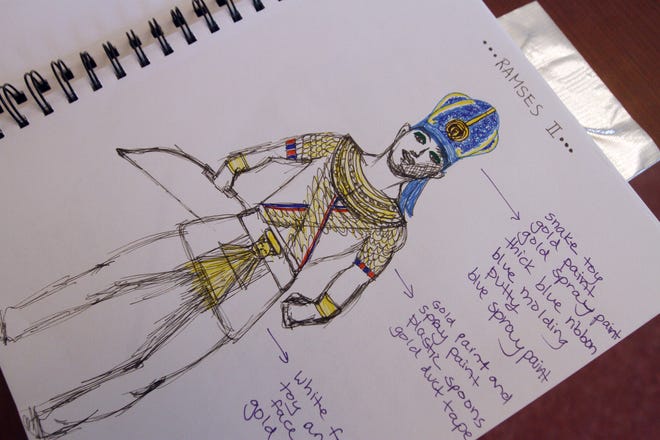 Drawings done by Emma Rook showing a costume she designed for the part of Ramesses the Great. [The Providence Journal/Bob Breidenbach]