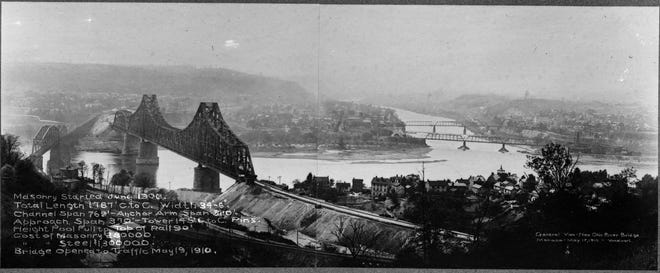 This amazing panoramic photo was taken to show the scale of the new Pittsburgh & Lake Erie Railroad Bridge in May 1910. The bridge, still in use today, was one of the engineering marvels of its time. Also seen in the photo is the former bridge at left, as well as portions of Monaca, Beaver, Bridgewater and Rochester. The two bridges seen over the Beaver River are the 1885 Cleveland & Pittsburgh Railroad Bridge and the 1885 Bridgewater Bridge. [Photo courtesy of the Beaver County Historical Research & Landmarks Foundation]