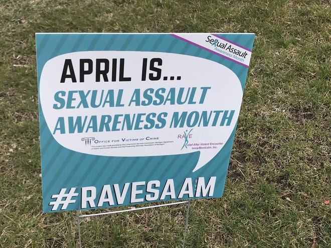 This sign and others like it have been posted along Steele Street in recent weeks to remind those passing by about Sexual Assault Awareness Month. [DICK HOEKSTRA/SENTINEL-STANDARD}