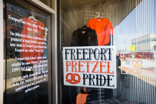 Items showing city pride are on display on Thursday, April 19, 2018, at The Pretzel City Store in Freeport. [SCOTT P. YATES/THE JOURNAL-STANDARD STAFF]