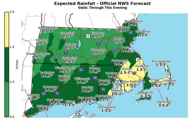 Parts of southern New England could get up to 2 inches of rain today, according to the National Weather Service.