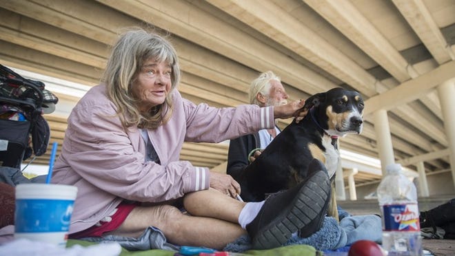Tina Monroe sits under Texas 71 and Montopolis Drive with husband John Michael Daisy and their dog Bug on Thursday. Homelessness in Austin and Travis County rose this year by about 5 percent from the total in 2017, according to an annual count released Thursday. The point-in-time count found 2,147 people experiencing homelessness. During the same period in 2017, the count tallied 2,036 people. RICARDO B. BRAZZIELL / AMERICAN-STATESMAN