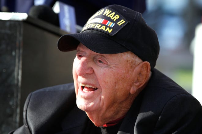 Sidney Walton in Providence. He said he was making the tour to give people a chance to meet a World War II veteran before they all pass away. [The Providence Journal / Kris Craig]