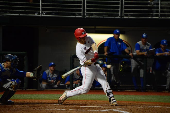 Georgia catcher Mason Meadows hit a three-run homer to help the Bulldogs top Tennessee 8-6 Friday night. (Photo by UGA Sports Communications)