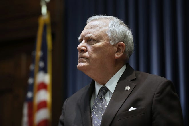 Gov. Nathan Deal holds a press conference to address the jet fuel tax cut issue after the Senate Rules Committee stripped the Delta tax cut from legislation in Atlanta on Wednesday, Feb. 28, 2018. Deal is criticizing the "unbecoming squabble" that has engulfed the state Capitol since fellow Republicans threatened to punish Delta Air Lines for cutting business ties with the National Rifle Association. (Bob Andres/Atlanta Journal-Constitution via AP)