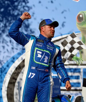 Ricky Stenhouse Jr. celebrates after winning the Geico 500 NASCAR Monster Cup series race at Talladega Superspeedway on May 7, 2017, in Talladega, Ala. Stenhouse Jr. returns to Talladega where he got his first Cup series win last spring, hoping to rebound from a slow start. [AP Photo / Butch Dill, File]