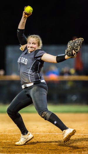 Ledford's Sydnee Hilliard pitches against North Davidson during their game at North Davidson on Friday night. [Dan Busey/The Dispatch]
