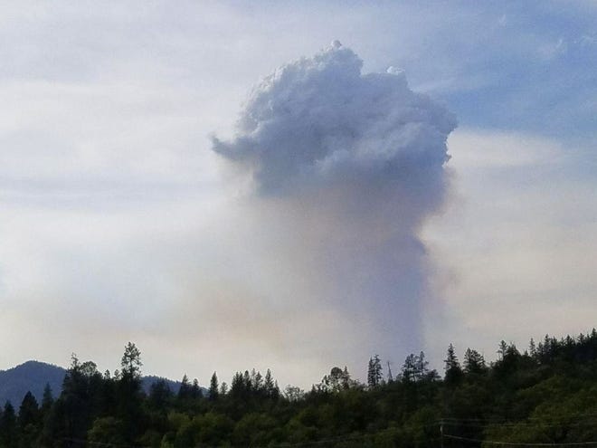 A photo taken April 25, 2018 of the Grape Fire, which had burned 150 acres north-west of Hayfork, near the border of the Shasta-Trinity and Six Rivers National Forests, as of Friday morning, April 27. Photo from https://inciweb.nwcg.gov/incident/photographs/5761/