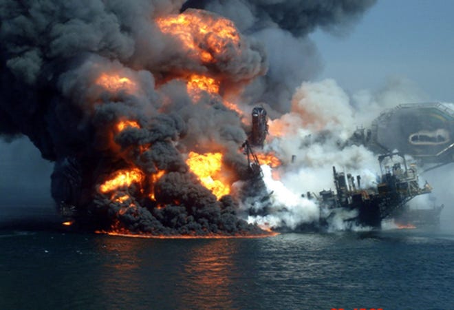 An April 22, 2010 photo obtained by The Associated Press shows the Deepwater Horizon oil platform burning following a massive explosion in the Gulf of Mexico. (AP Photo)
